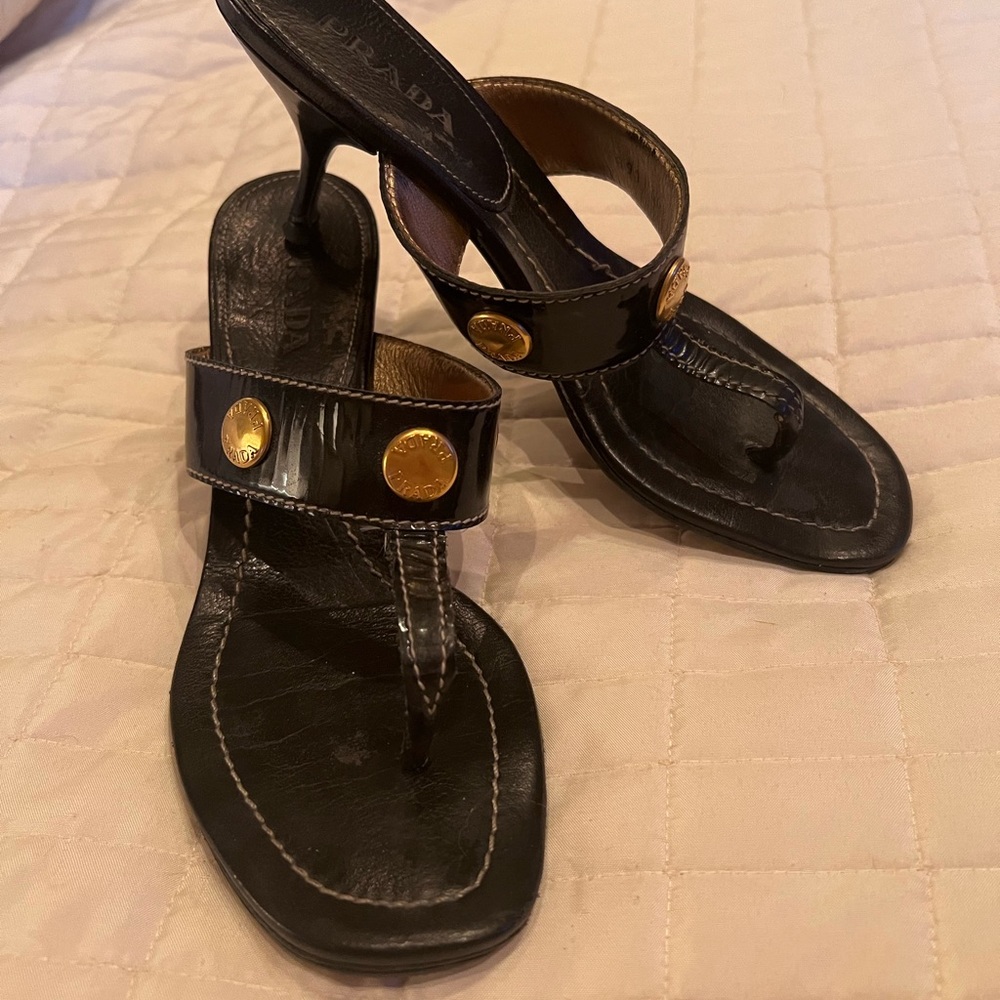 Prada black patent leather kitten heel sandals